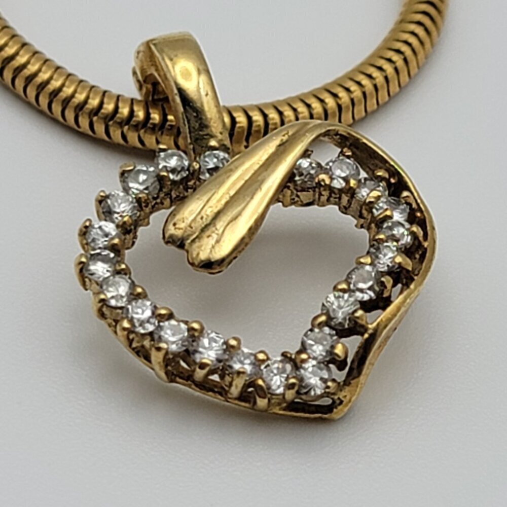 Vtg. Gold Plated CZ Heart Pendant Necklace 18 In Spring Ring Clasp Snake Chain - Picture 4 of 10